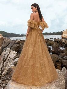 Faeriesty 露肩荷叶边亮片薄纱正式舞会礼服