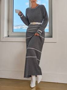 EURMUSE White Striped Details Oversize Maxi Pullover Dress Fall Winter - Light Grey - View 3