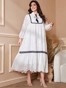 Mulvari 加大码系带长袖条纹设计优雅优雅连衣裙，优雅 A 字裙，长款女装秋季服装 - 白色 - 查看 5