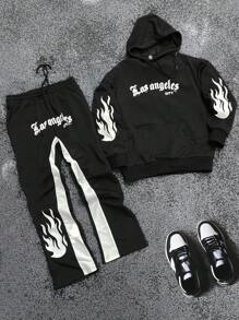 PAVTROS Manfinity Streetrush Men's Casual Sports Brand Hoodie Set,Y2k Men's Contrast Color Print Casual Drawstring Hoodie Set,Back To School,Fall Men Clothes,Halloween Clothes