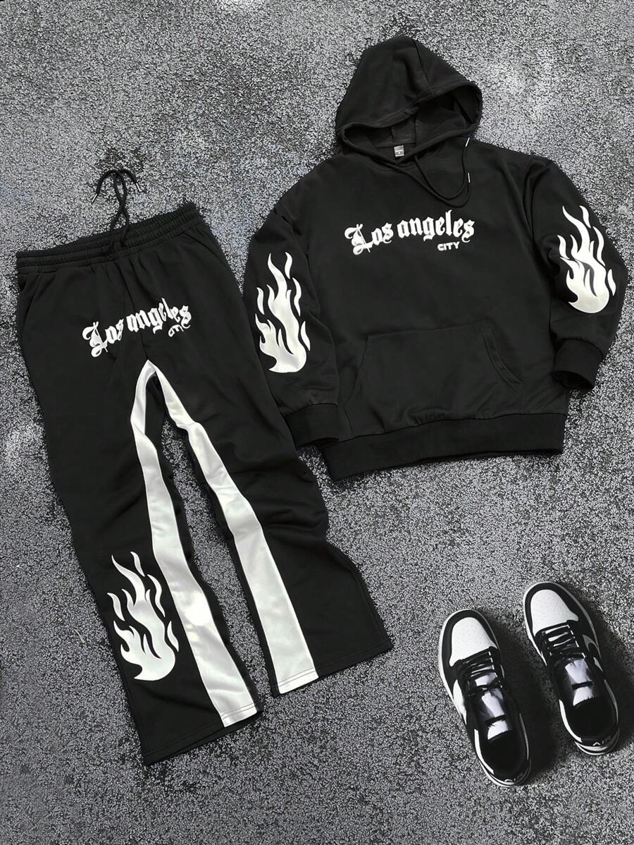 PAVTROS Manfinity Streetrush Men's Casual Sports Brand Hoodie Set,Y2k Men's Contrast Color Print Casual Drawstring Hoodie Set,Back To School,Fall Men Clothes,Halloween Clothes