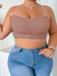 SHEIN Plus Size dành cho nữ có dây buộc phía trước nút áo ngực & áo ngực không dây - Màu Khaki - Xem 5