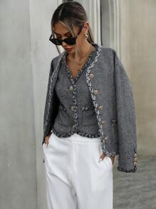 Aveloria Modichic 2pcs/Set Women's Autumn Classic V-Neck Tweed Vest And Button Front Long Sleeve Jacket - Multicolor - View 7