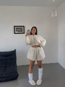 Flirla Plus Size Cute Fashionable Zip-Up Hooded Plush Jacket & Casual Plush Shorts Set - White - View 6