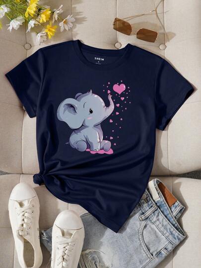 INAWLY Camiseta casual de cuello redondo y manga corta con estampado de elefante, camiseta gráfica simple para mujeres