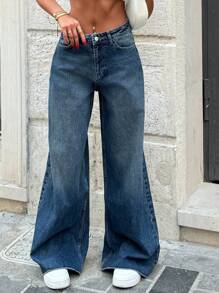 RueChic 100% 纯棉女式复古水洗做旧宽腿宽松牛仔裤，带口袋 - 淺色水洗藍 - 查看 4