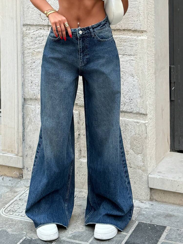 RueChic 100% 纯棉女式复古水洗做旧宽腿宽松牛仔裤，带口袋 - 淺色水洗藍 - 查看 4