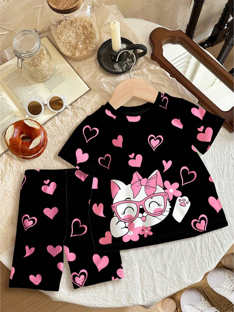 SHEIN Leap Crew Young Girl 2pcs Cute Girl, Cat, Flowers & Heart Printed Short Sleeve T-Shirt And Pants Casual Home Outfit For Spring & Summer, Snug Fit - Black - View 1