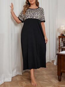 Große Größen Leoparden Patchwork Rundhals Kurzarm Nachthemd