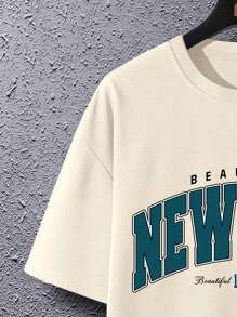 Manfinity Hypemode Men Letter Graphic Printed Drop Shoulder Short Sleeve T-Shirt, For Going Out, For Friends, Men Slogan Graphic Drop Shoulder Tee, Men S Oversized Graphic Tee