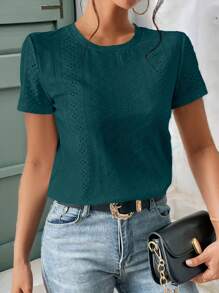 SHEIN Frenchy Chất rắn Lỗ gắn thêu Áo thun - Màu xanh lá cây đậm - Xem 5