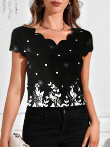 SHEIN Clasi Wave Collar Printed Women Short Sleeve Blouse,Sleeveless Tops - Black - View 6