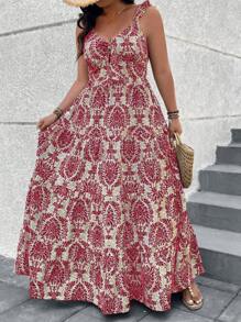 Breezaya Plus Size Women Plant Print Dress With Ruffle Hem Elegant Vacation Dress - Multicolor - View 6