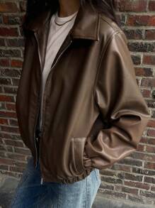 DAZY Thick Solid Color Casual Leather Jacket, Autumn,Fall Women Clothes - Brown - View 2