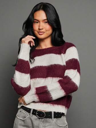 WESTFADE Brushed Striped Casual Fall Sweater Top