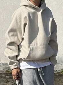 DAZY Men Solid Color Long Sleeve Hoodie, Autumn - Apricot - View 4