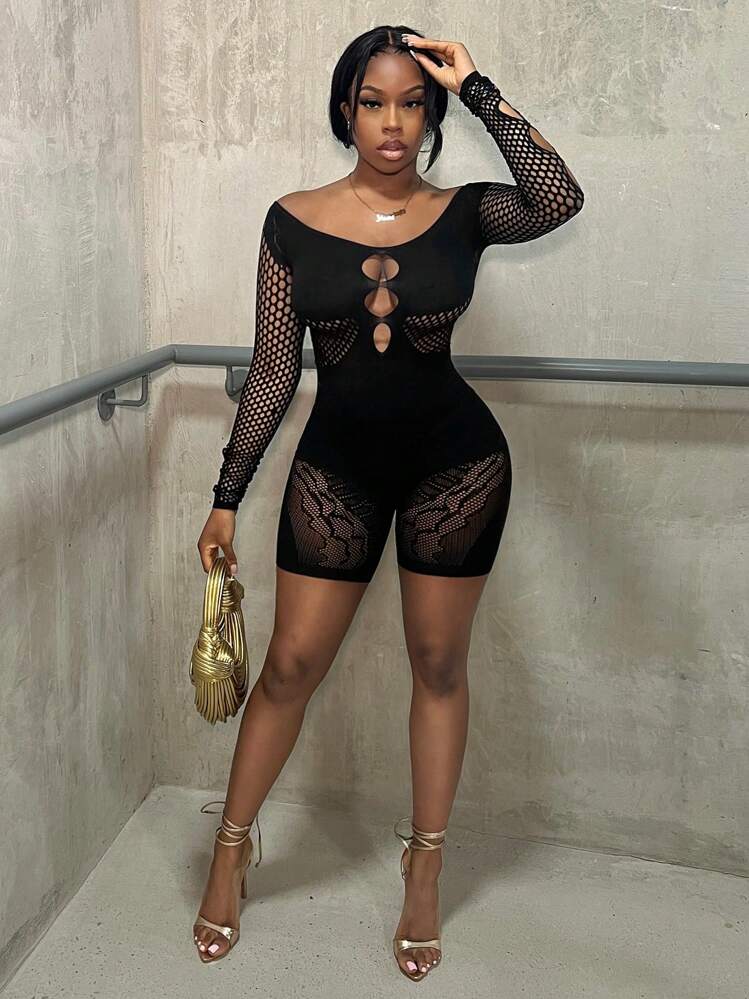 BamGleam 女士圆领镂空长袖浪漫时尚性感紧身连体裤 - 黑色 - 查看 1