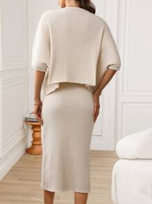 SHEIN LUNE 2pcs Women's Comfortable Simple Knitted Sweater Set For Autumn And Winter Casual Wear - Apricot - View 2