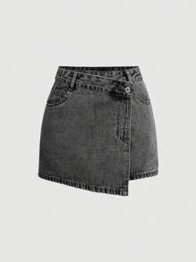 SHEIN MOD 女士纯色简约休闲牛仔短裙 - 深灰色 - 查看 1