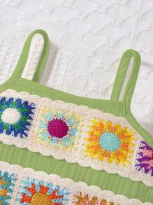 Ensemble 2 pièces haut à bretelles à imprimé floral et short en jean avec poches pour bébé fille - Vert - Voir 6