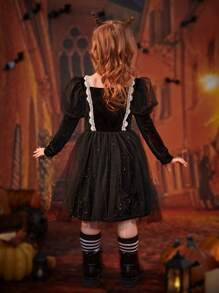 SHEIN Glamorique Kids 年轻女孩万圣节公主服装，长袖蕾丝花边心形印花网眼派对连衣裙，适合外出、度假、秋冬季，黑色 - 黑色 - 查看 2