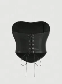 SHEIN MOD 大码女士黑色 PU 抹胸上衣，系带设计，初秋休闲衬衫 - 黑色 - 查看 2