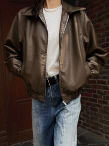 DAZY Thick Solid Color Casual Leather Jacket, Autumn,Fall Women Clothes - Brown - View 9