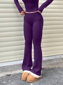 Women's Casual Solid Color Wide-Waist Flare Pants, Leggings Fold-Over Waist High Waist Ruched Slim Fit - Màu tím - Xem 4