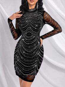 QOQ Hochwertig gestaltetes Abendkleid für Damen, Luxus Abendkleid für formelle Dinnerpartys, Cocktailpartys, Galas, Abendveranstaltungen, Charity-Proms, schwarzes Kleid mit Stehkragen, Langarm, schlank, kurz