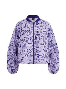 LOURDES VILLAGOMEZ Chaqueta de béisbol con impresión de números, de manga larga, suelta y con pliegues, de estilo informal para mujer artista, ideal para primavera, otoño, vacaciones y salidas