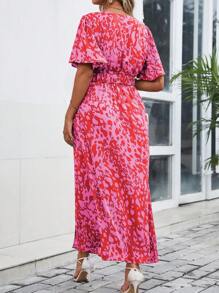 Franclia Váy ngắn tay cổ chữ V in hoa mùa hè cỡ lớn dành cho nữ - Màu Hồng Tươi - Xem 2