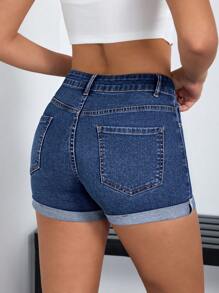 SHEIN EZwear 女士休闲破洞毛边修身牛仔短裤、夏季牛仔短裤 - 藍色 - 查看 3
