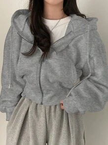 INAWLY Áo nỉ dài tay có dây kéo màu trơn cỡ lớn có mũ trùm đầu - Xám - Xem 1