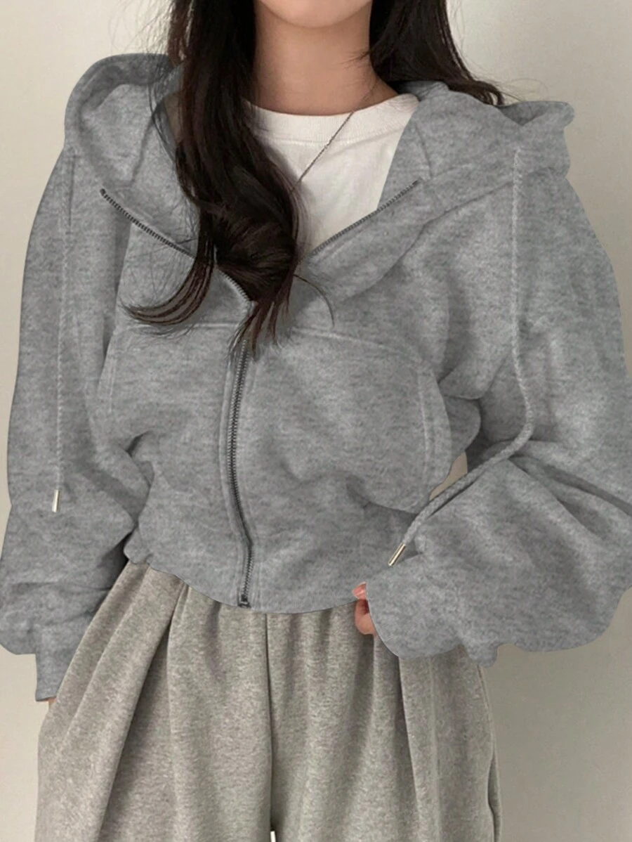 INAWLY Áo nỉ dài tay có dây kéo màu trơn cỡ lớn có mũ trùm đầu - Xám - Xem 1