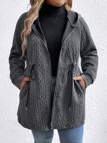 SHEIN LUNE Plus Size Hooded With Tie Collar Pocket Zip Up Knit Jacket Fall Winter Cloth For Women Autumn - Dark Grey - View 3