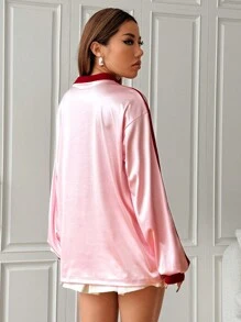 SHEIN Unity American Colorblock Print Striped Sleeve Loose Polo Collar Long Sleeve Sweatshirt, Autumn Pullover Fall Sweatshirt - Pink - View 2