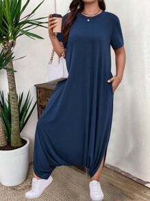 SHEIN LUNE جمبسوت قصيرة الأكمام فضفاضة مع جيوب وياقة دائرية بلون أحادي المقاس الكبير ، صيفي - الأزرق - مشاهدة 1