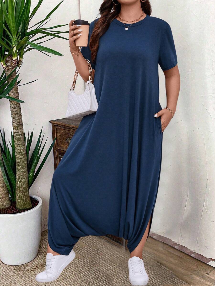 SHEIN LUNE جمبسوت قصيرة الأكمام فضفاضة مع جيوب وياقة دائرية بلون أحادي المقاس الكبير ، صيفي - الأزرق - مشاهدة 1