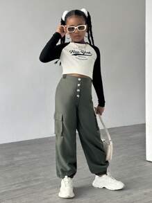 SHEIN Tween Girls Cargo Pockets Multi-Button Long Pants, Fall/Winter 2024 New Arrival - Olive Green - View 4