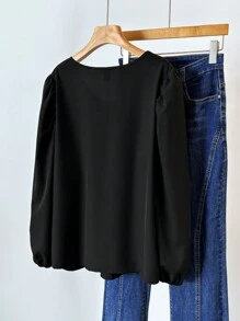 SHEIN LUNE 大码女式条纹圆领灯笼袖休闲衬衫，春夏荷叶边上衣 - 黑色 - 查看 2