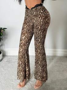 SHEIN SXY Quần ống loe họa tiết da báo phối ren gợi cảm - Nhiều màu - Xem 5