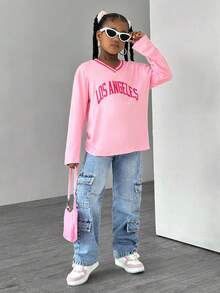 Tween Girl Oversized V-Neck City Letter Printed Long Sleeve T-Shirt
