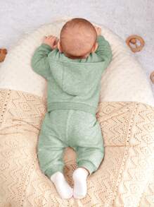 SHEIN 3 Bộ áo liền quần và quần dài có mũ trùm đầu cho bé sơ sinh hoạt hình - màu xanh lá - Xem 2