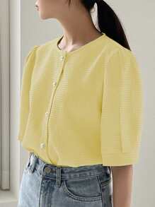 DAZY Women's Round Neck Button Up Half Sleeve Fashion Loose Comfy Soft Yellow Blouse