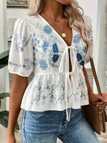 SHEIN LUNE Women's Floral Print V-Neck Tie-Up Splice Short Cardigan Shirt, Summer Peplum Top - Baby Blue - View 3