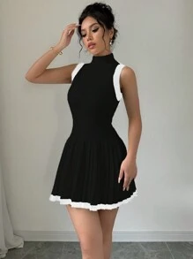 Selianne Robe pull plissée sans manches à blocs de couleur pour femme - Noir - Voir 5