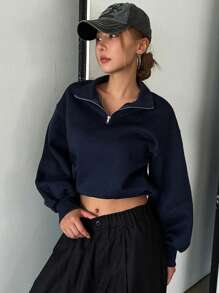 DAZY Sudadera con capucha de unicolor con cremallera y cordón en el bajo, ropa de otoño - Azul Marino - Ver 4