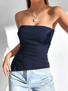 SHEIN EZwear Parte superior corta con bandeaux plisado de unicolor, dobladillo asimétrico, sin mangas para mujer