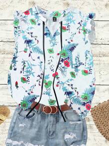 SHEIN LUNE Plus Size V-Neck Ruffle Sleeve Allover Print Drawstring Design Blouse - Blue - View 1
