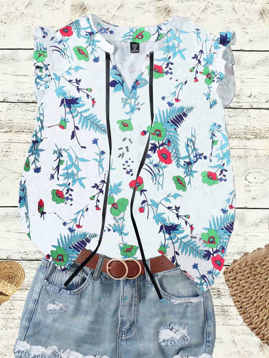 SHEIN LUNE Plus Size V-Neck Ruffle Sleeve Allover Print Drawstring Design Blouse - Blue - View 1